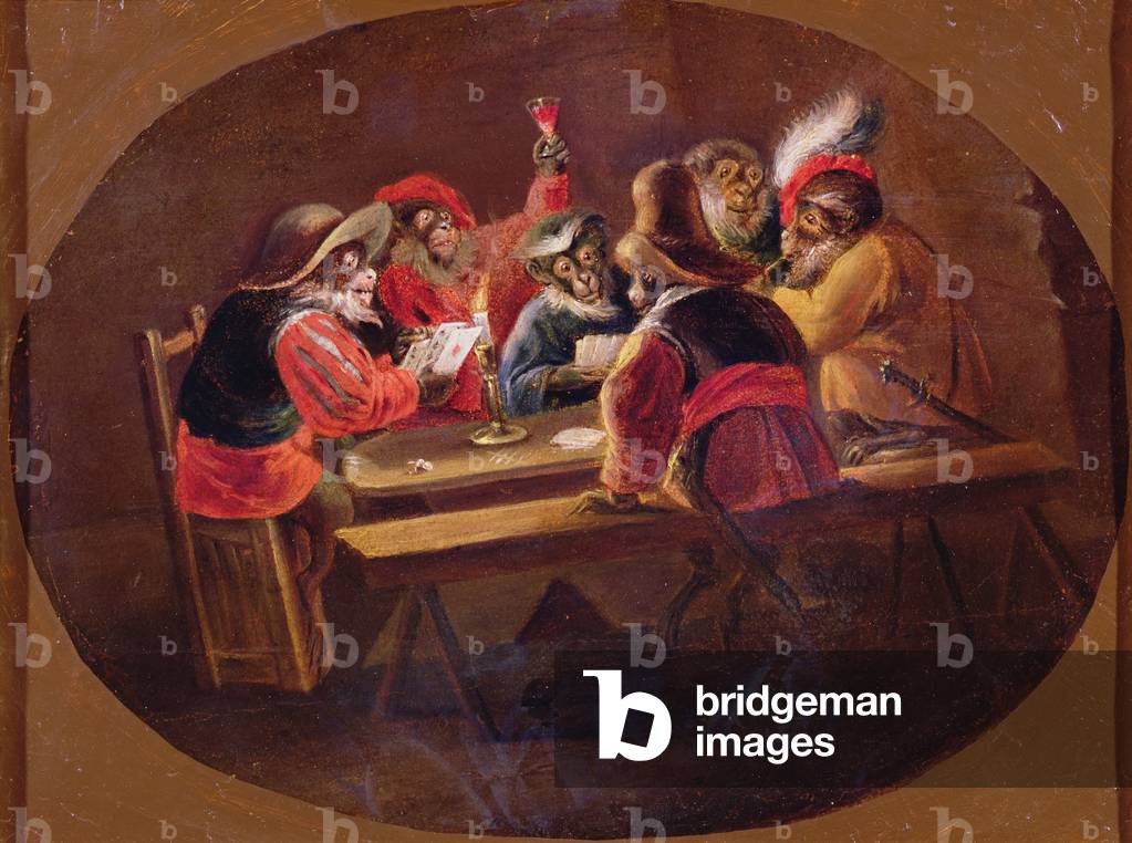 Monkeys dressed as soldiers playing cards and carousing, 17th century (oil on canvas)