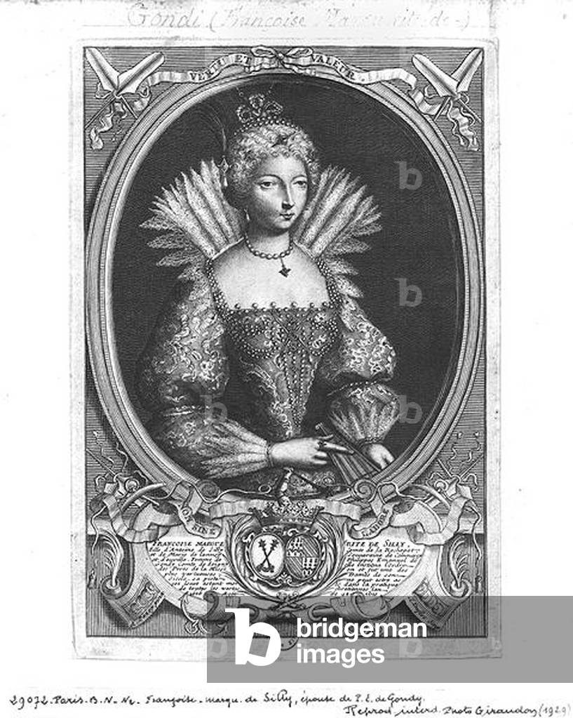 Francoise-Marguerite de Silly (1584-1626) engraved by Claude Duflos (1665-1727) (engraving) (b/w photo)