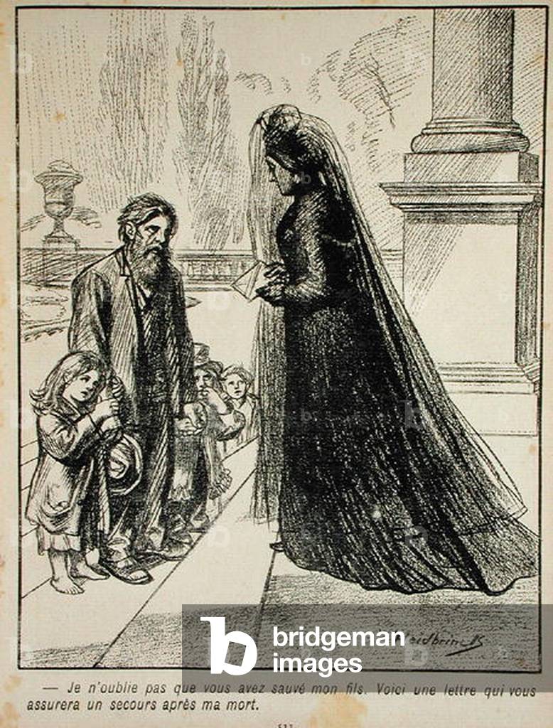 'I will not forget that you saved my son. Here is a letter insuring you will be taken care of after my death.', from 'l'Assiette au Beurre', 1901 (engraving)