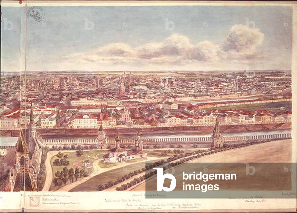 Panorama of Moscow, depicting the Kremlin Walls and the Moskva River, 1819 (w/c on paper) (see 170139-170145)