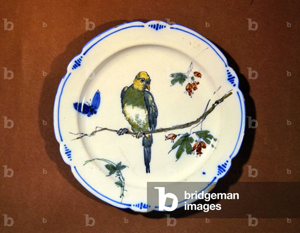 Plate decorated with bird, butterfly and blossom, Bourg-la-Reine manufacture (faience)