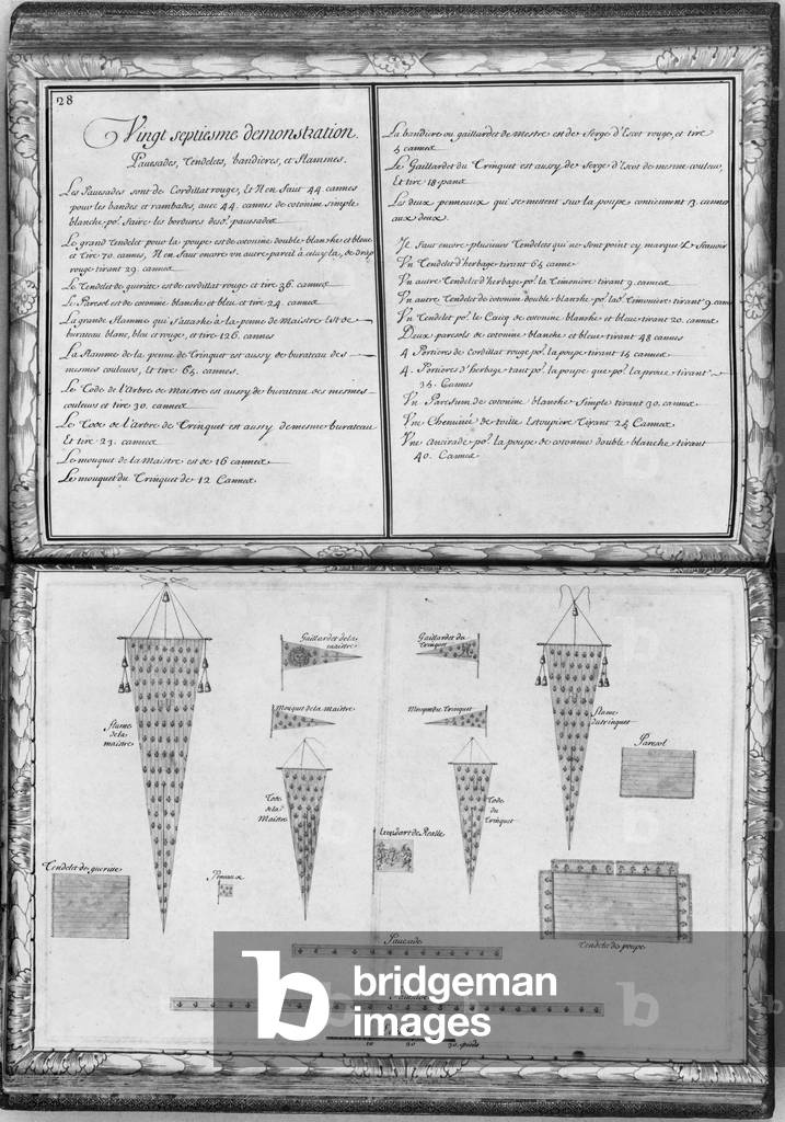 Pennants of a galley, twenty-seventh demonstration, plate 28, illustration from 'Demonstrations de toutes les pieces de bois, cloux et ferremens qui entrent dans la construction d'unne galere...' (pencil & watercolour on paper)