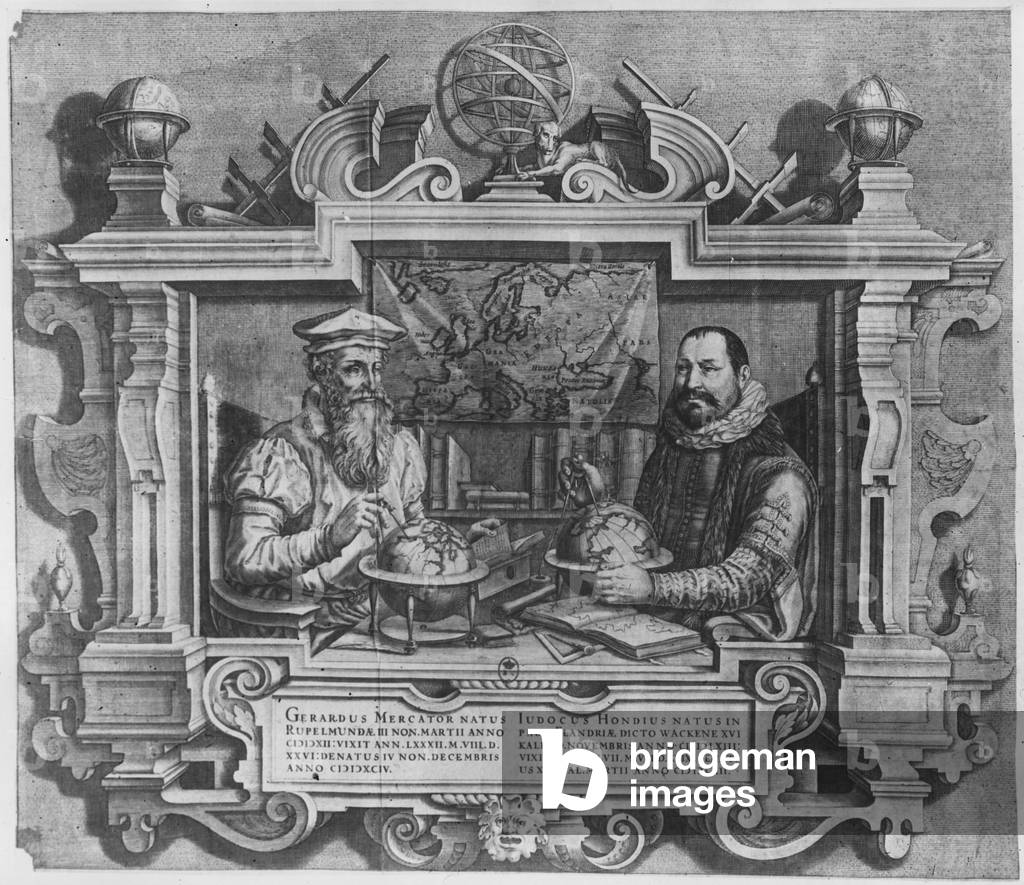Double portrait of Gerard Mercator (1512-94) and Jodocus Hondius (1563-1612) engraved for inclusion in the Mercator and Hondius series of atlases, 1619 (engraving) (b/w photo) (see also 10457 and 3086636)