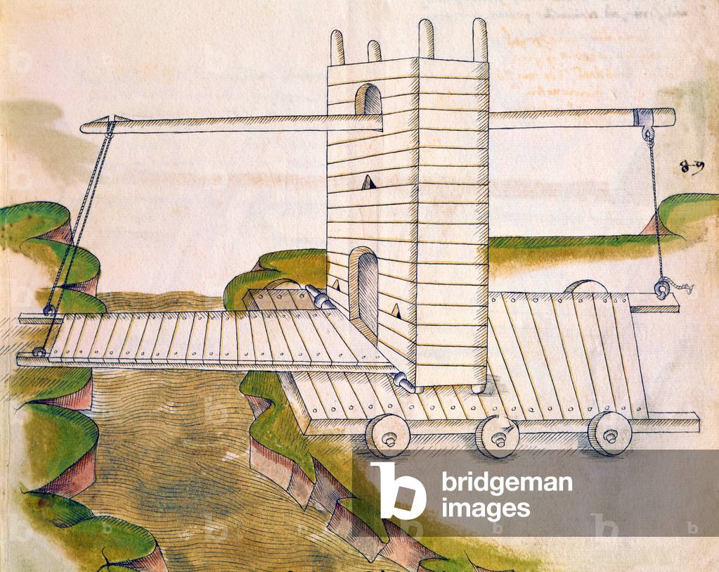 Design for a machine with drawbridge on wheels for use in warfare or sieges, illustration from 'De Machinis' (pen and ink and watercolour on paper)