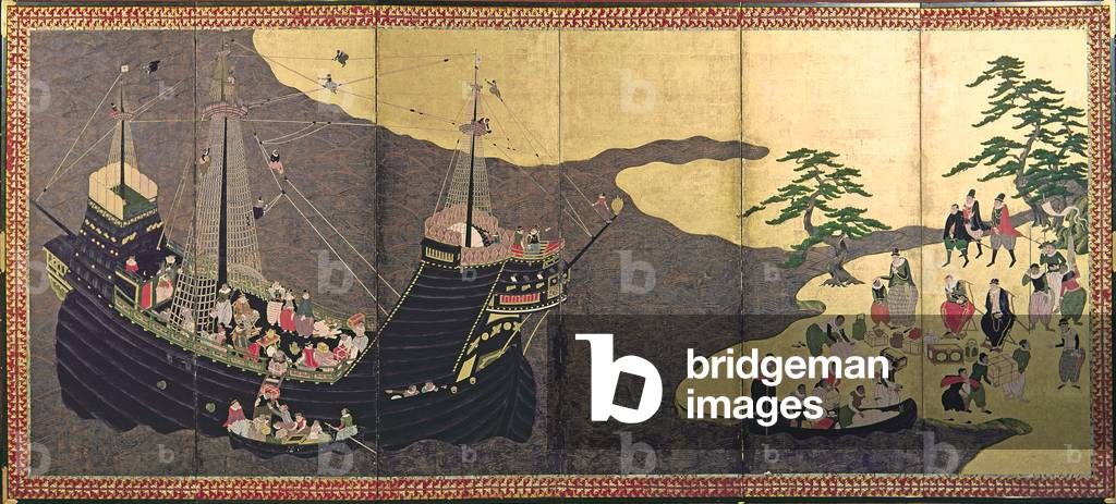 Arrival of the Portuguese in Japan in 1640, 17th century (tempera on paper)