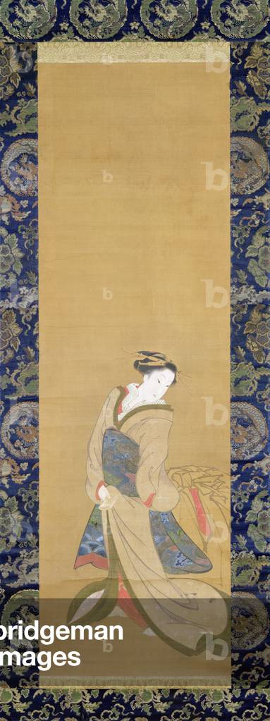 Immagine di Disegno "Una donna elegante con un Obi blu (penna e inchiostro su seta)", 19th Secolo di Hotei Gos
