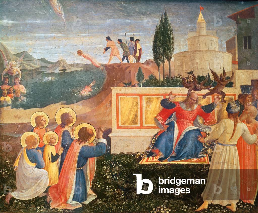 I Santi Cosma e Damiano vengono gettati in mare; i demoni fuggono dalla bocca del proconsole Lisia, dalla pred