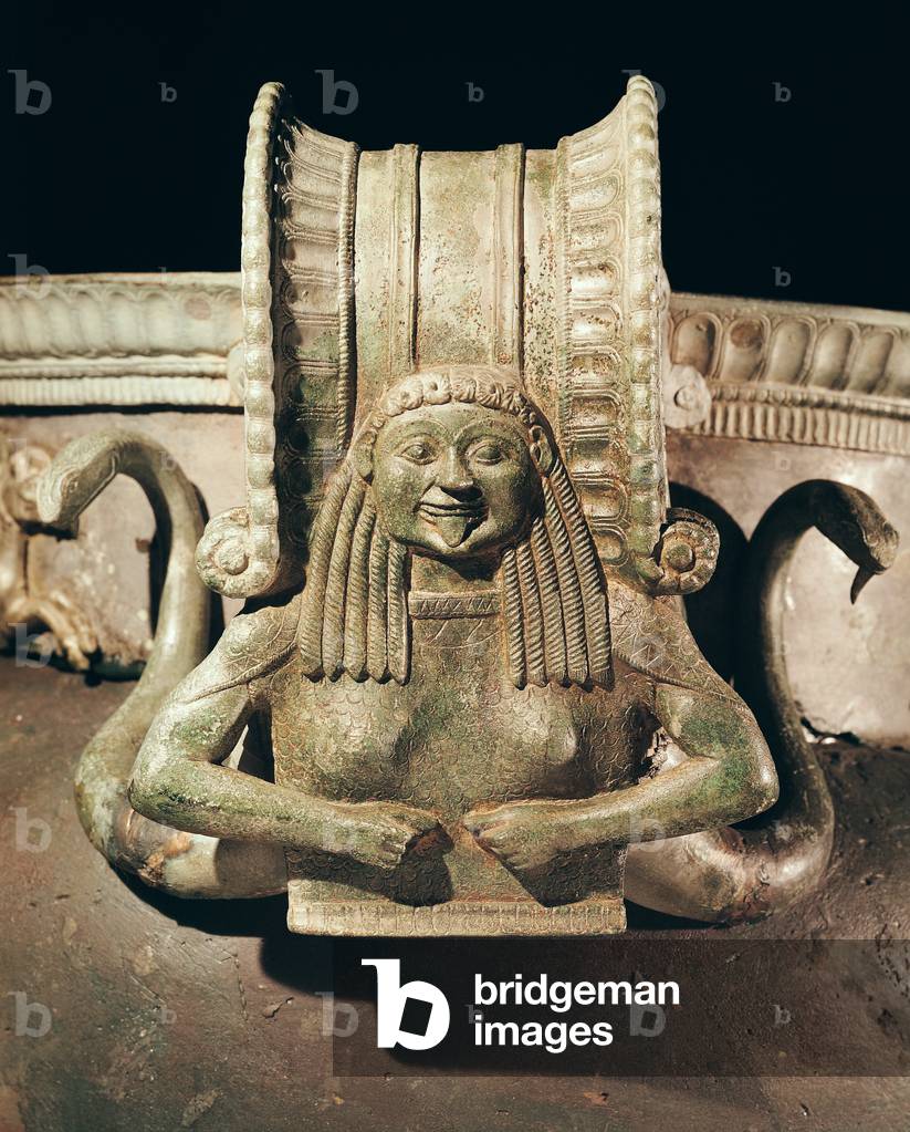 Krater, detail of the handle, from the Trebeniste Necropolis, Lake Ohrid, Macedonia (bronze) (detail of 243734)