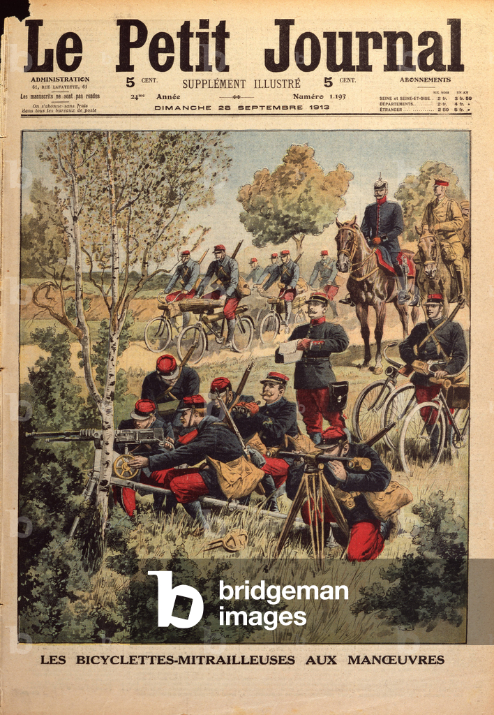 The machine gun bicyles on manoeuvre, title page from 'Le Petit Journal', 28 September 1913 (lithograph))
