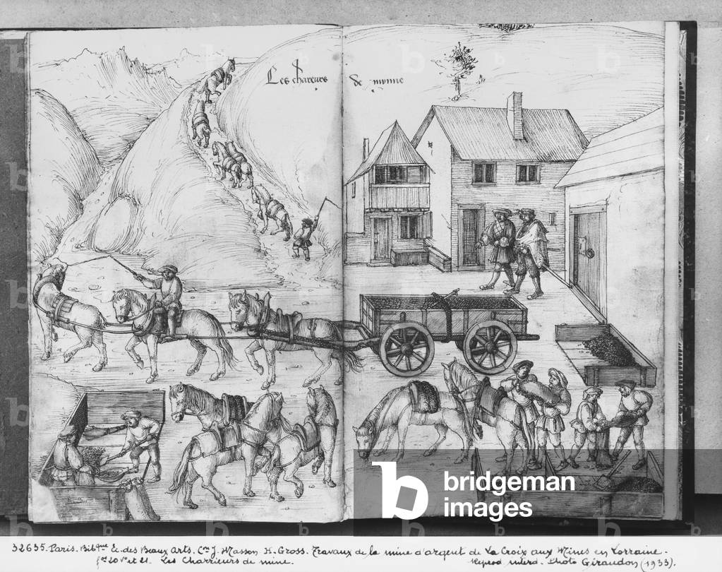 Silver mine of La Croix-aux-Mines, Lorraine, fol.20v and fol.21r, transporting the ore, c.1530 (pen & ink & watercolour on paper)