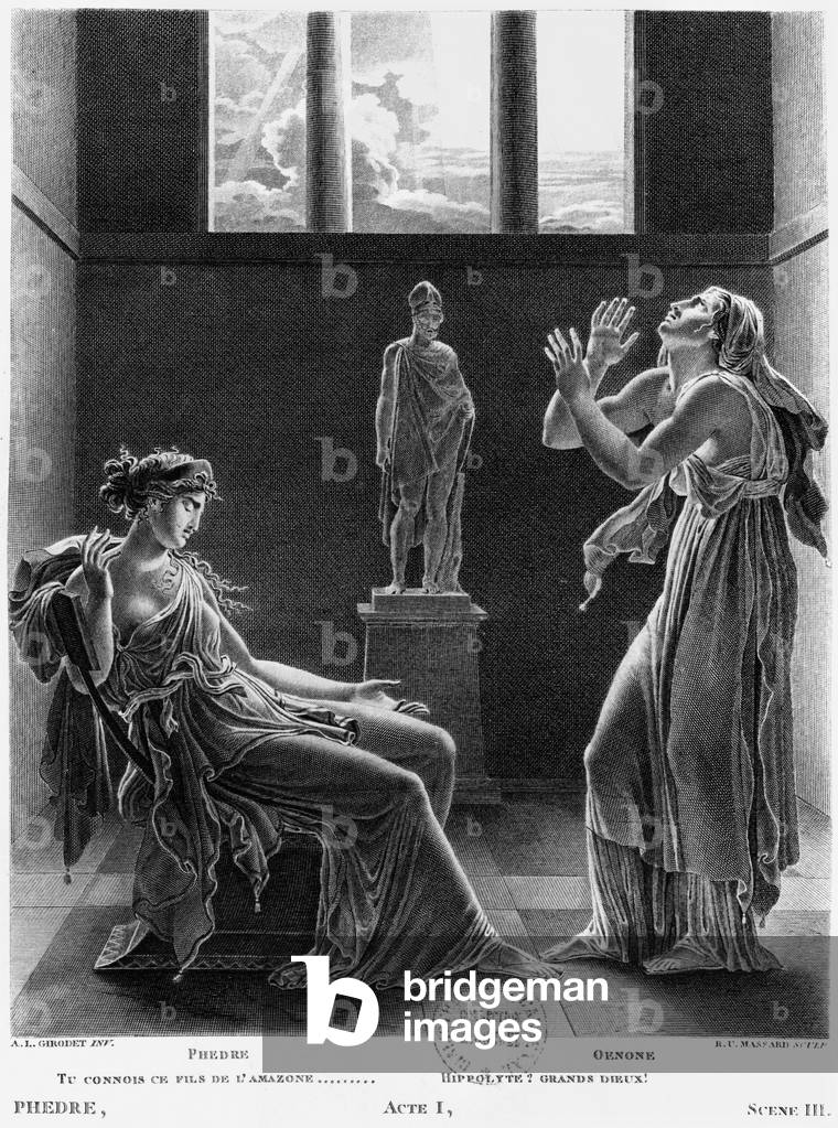 Phaedra and Oenone, illustration from Act I Scene 3 of 'Phedre' by Jean Racine (1639-99) engraved by Raphael Urbain Massard (1775-1843) 1824 (engraving) (b/w photo)