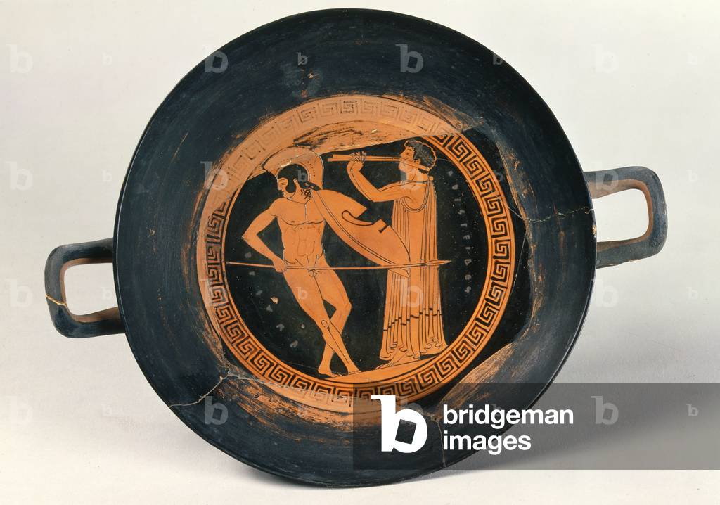 Griechische rot-figurige Tasse, Darstellung eines Kriegers tanzen die Pyrrhische, von Aristeides der Ältere (K