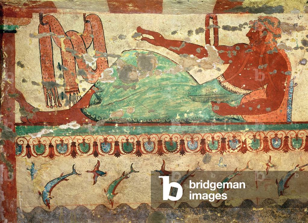 A guest at a funeral banquet holding an egg in his hand, from the Tomb of Lions, c.520 BC (wall painting)