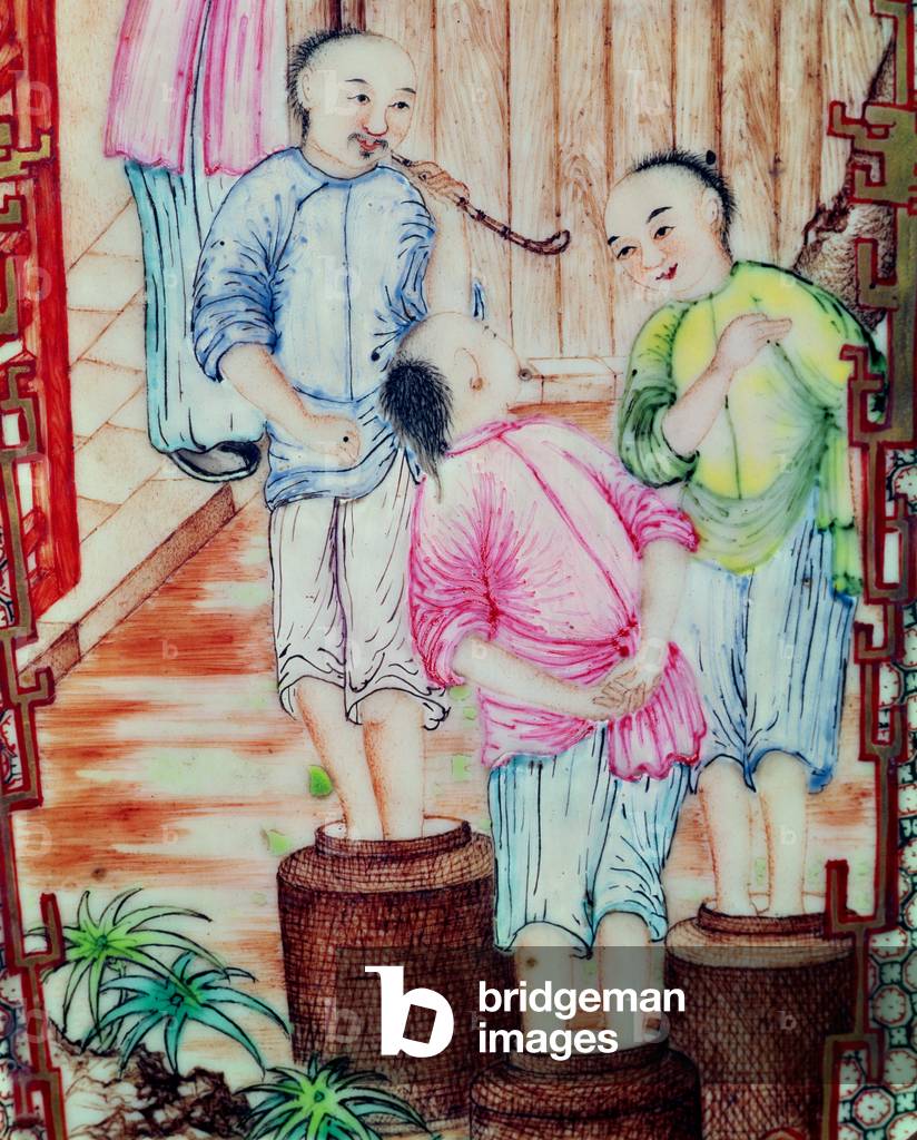 Detail from a vase depicting men packing tea (ceramic)