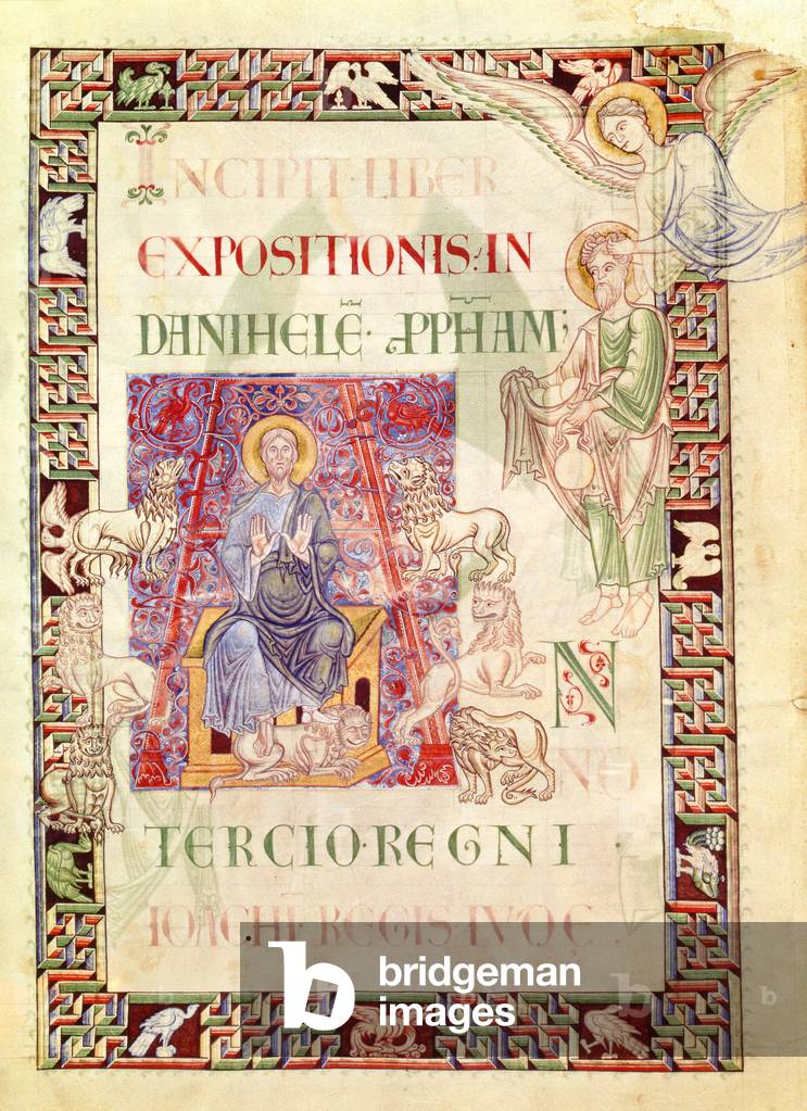 Ms 132 f.2v Daniel in the Lion's Den Fed by Habakkuk, from 'Explanatio in Prophetas et Ecclesiasten' by St. Jerome (vellum)