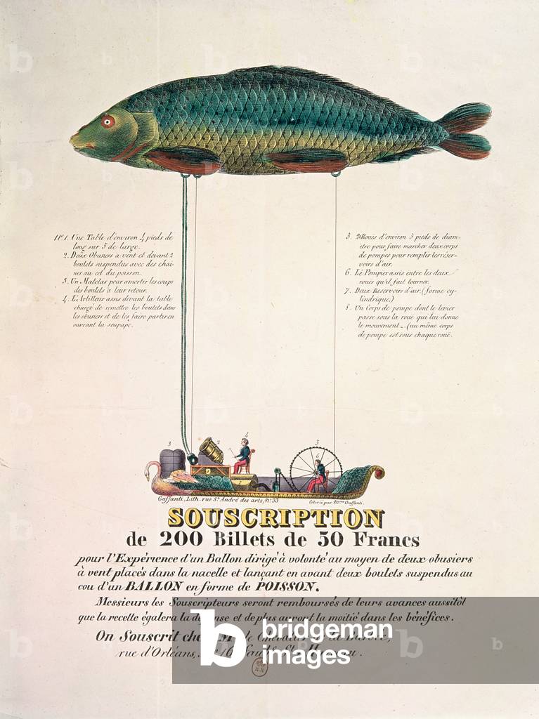 Poster advertising the subscription for a dirigible balloon in the shape of a fish (colour litho)
