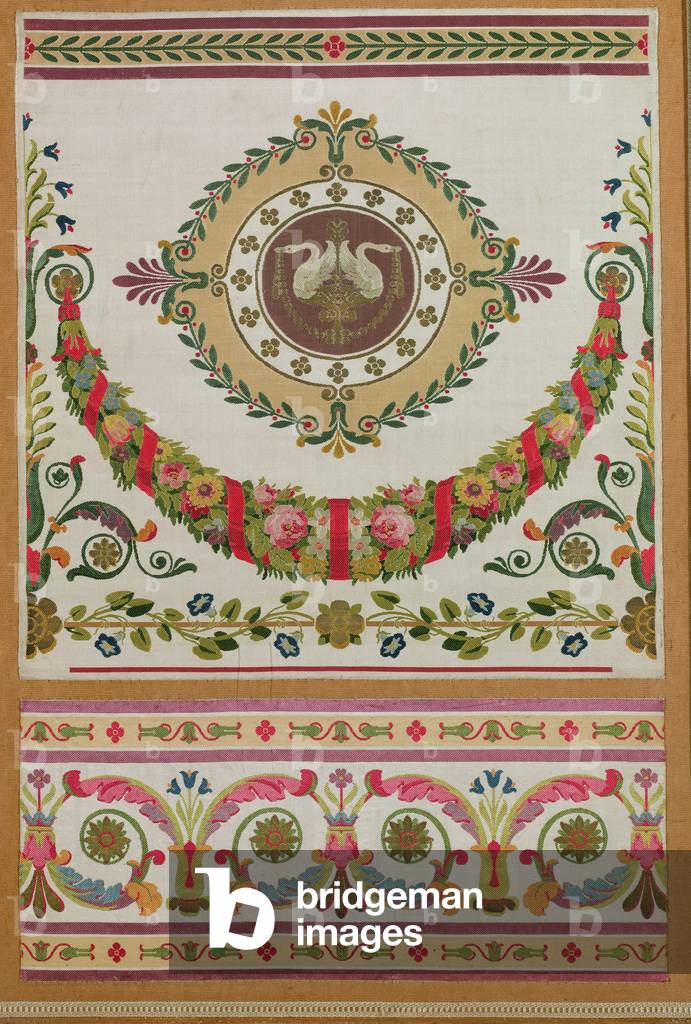 Panel of silk with a garland of flowers and swans from Pernon, Lyons (silk)