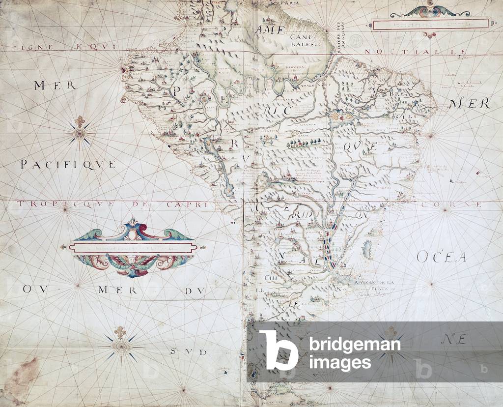 Image of Engraving depicting Map of South America (coloured engraving), 17th century by French Artist