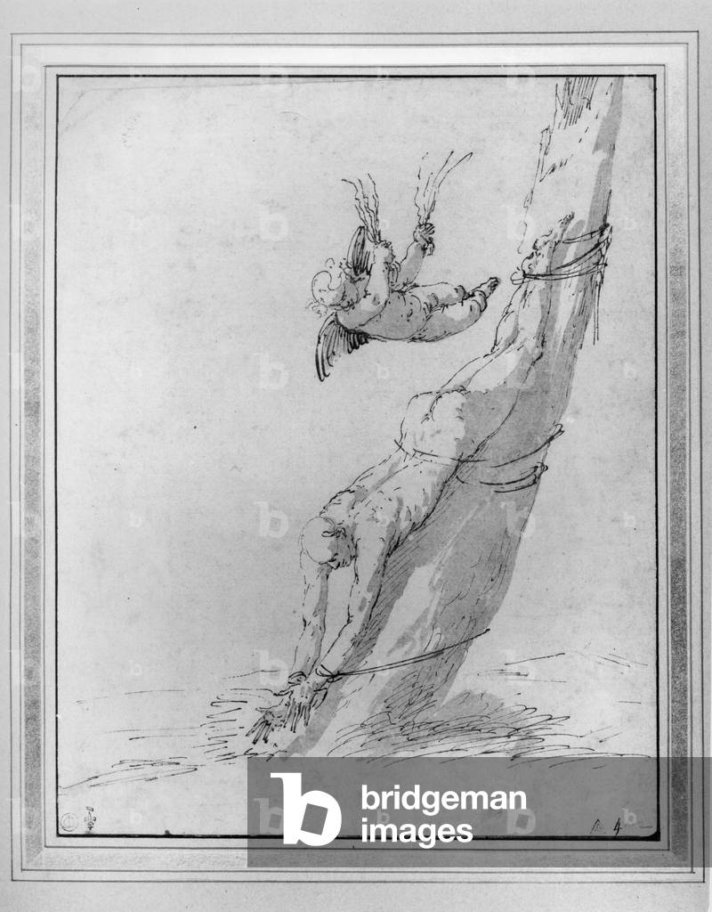 Immagine di Disegno "Un santo legato a testa in giù a un albero (penna & inchiostro lavaggio su carta) (foto b