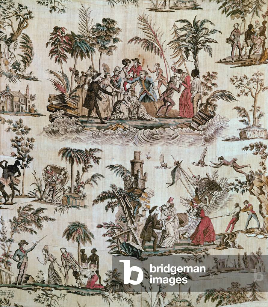 Illustrations of incidents from the novel 'Paul et Virginie', Toile de Nantes, c.1800 (printed cotton)