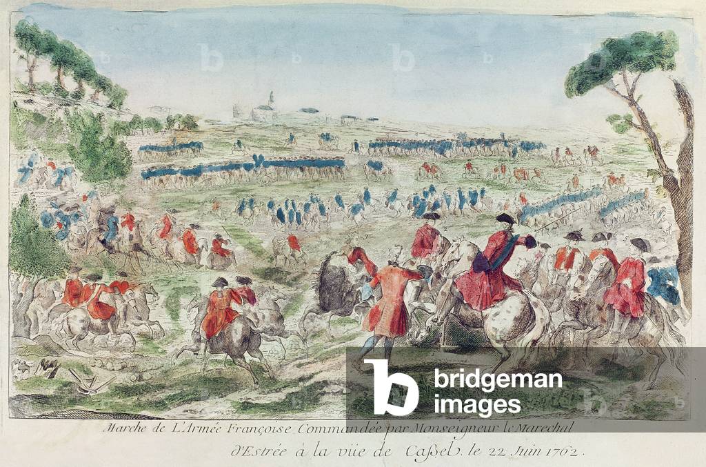 Die französische Armee unter dem Kommando von Marschall d'Estrees in Cassel, 22. Juni 1762 (kolorierter Kupfer