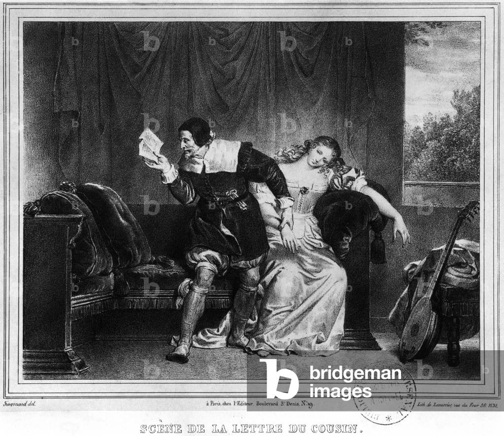 Scene of the cousin's letter, illustration from 'The Barber of Seville' by Pierre Augustin Caron de Beaumarchais (1732-99) (19th century) (lithograph)