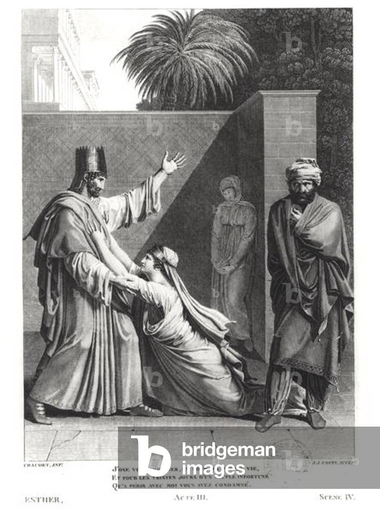 Esther Imploring Assuerus in the Presence of Aman, illustration from 'Esther' by Jean Racine (1639-99) engraved by J.J. Coiny (1761-1809) (engraving) (b/w photo)