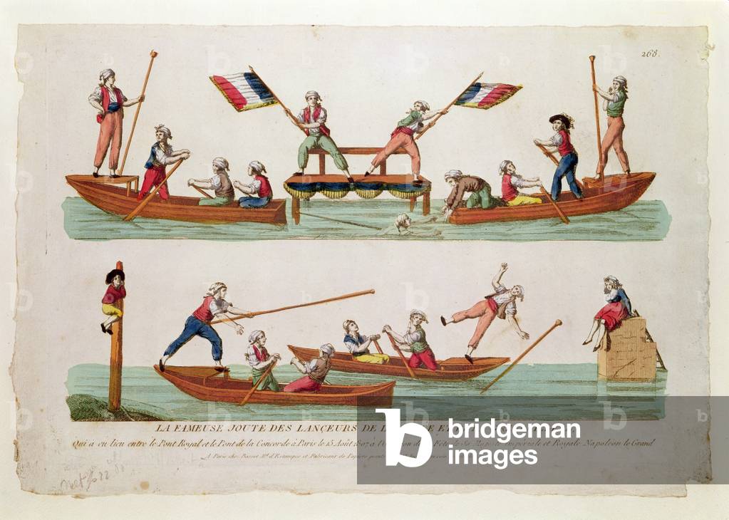 The Famous Joust between the Lancers from the Rapee and the Grenouillere which took place between the Pont Royal and the Pont de la Concorde, 15th August 1807 (coloured engraving)