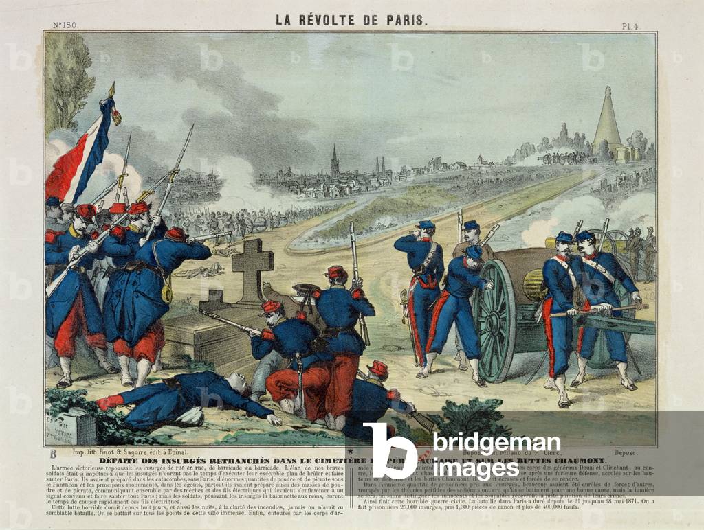 Defeat of the Rebels Entrenched in the Cemetery of Pere Lachaise and on Chaumont Hill, 1871 (colour engraving)
