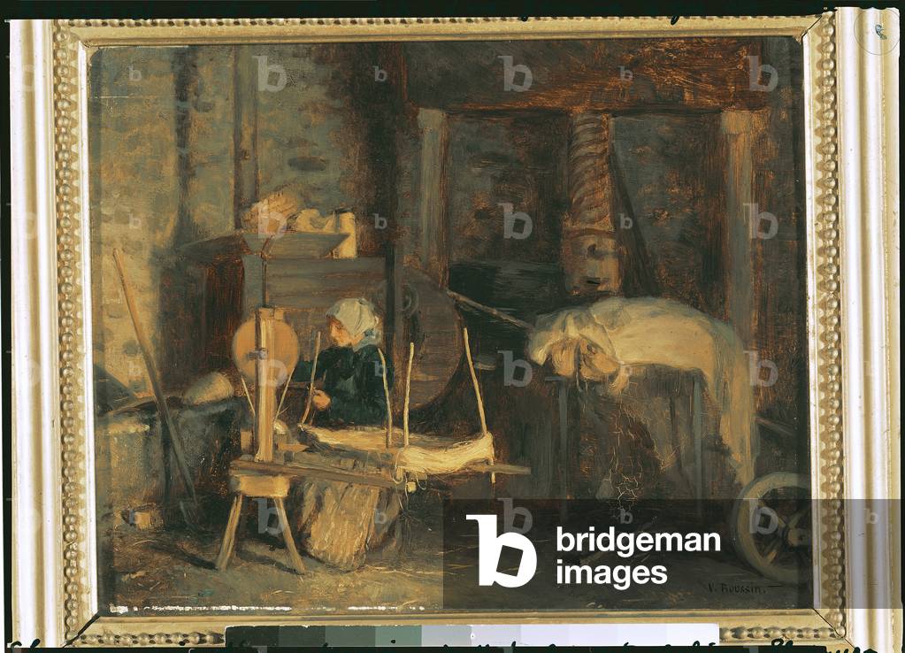 An Elderly Woman Winding Hemp near a Press (oil on canvas)