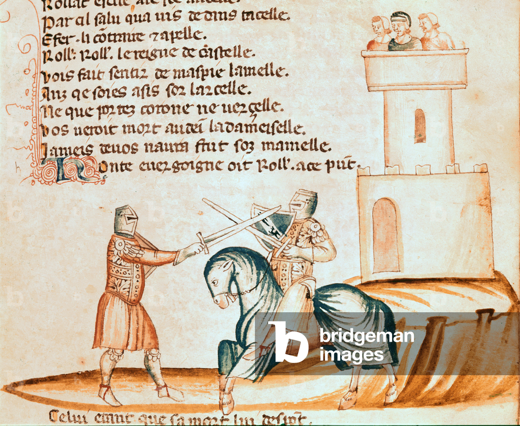 Fight between a mounted soldier and a soldier on foot, from 'Codex Entree d'Espagne' (vellum)