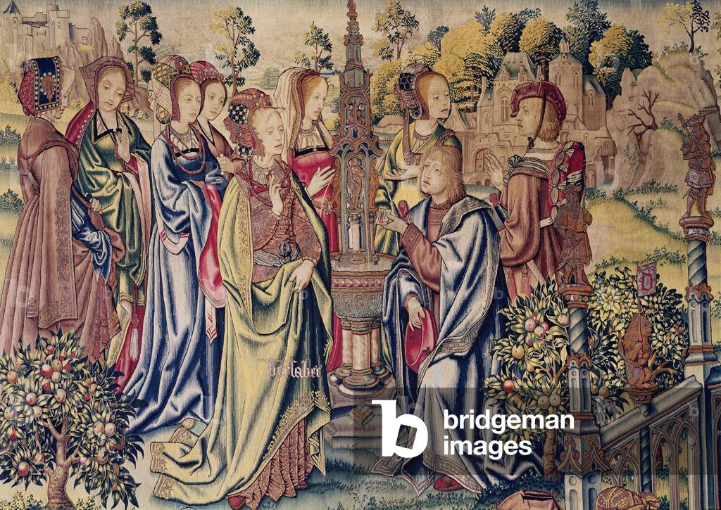 "Betsabea riceve due messaggeri da Davide alla fontana", 16th Secolo di Flemish School