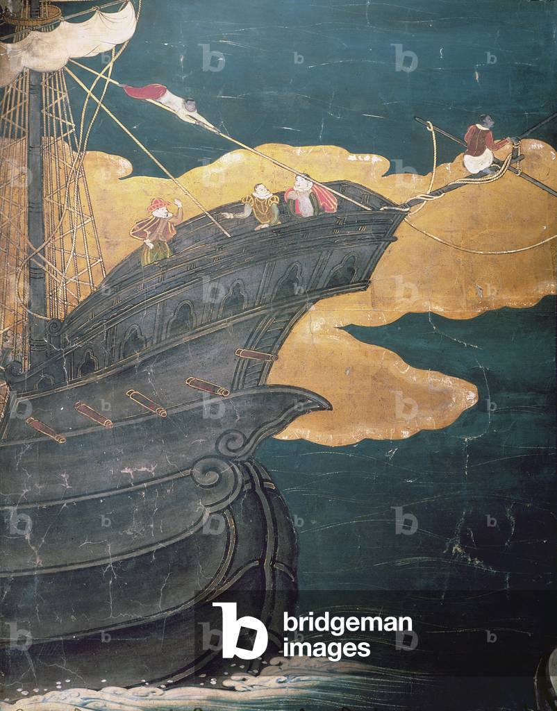 l'arrivo del portoghese in Giappone, dettaglio di prua della nave, da un Namban Byobu schermo, 1594-1618 (guaz