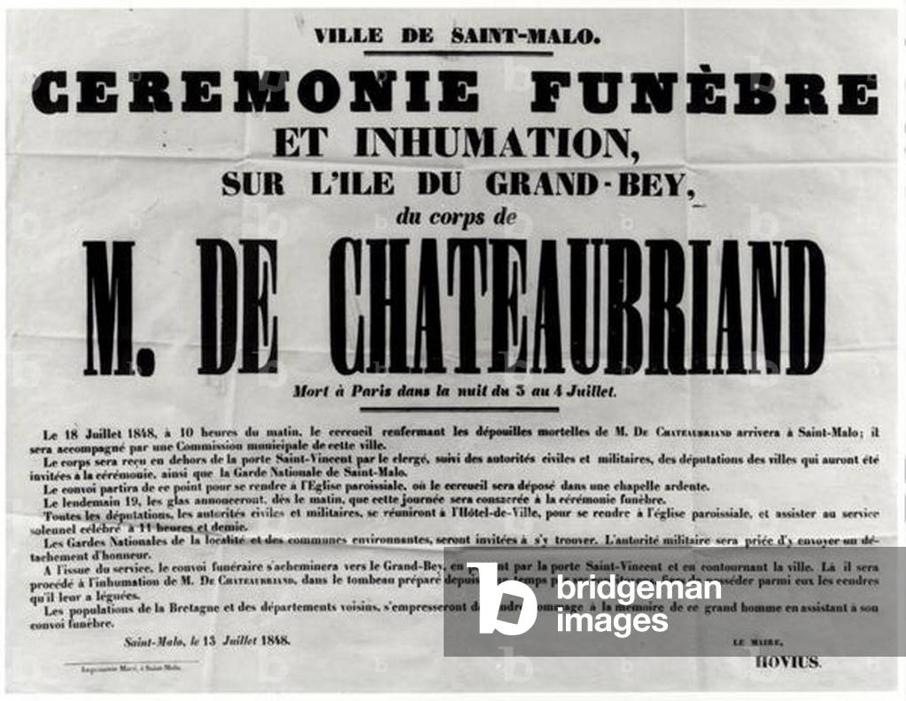 Poster for the Funeral of Francois Rene de Chateaubriand (1768-1848) in St.Malo 18th July 1848 (print) (b/w photo)