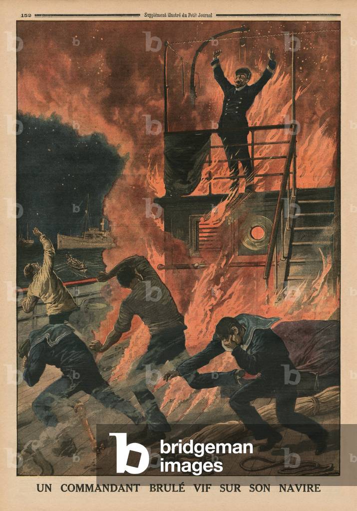 A Captain burnt alive on board his ship, back cover illustration from 'Le Petit Journal', supplement illustre, 10th May 1914 (lithograph)