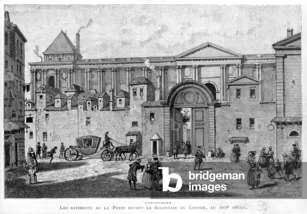 The Paris Post Office in front of the colonnade of the Louvre in the 17th century (engraving) (b/w photo)