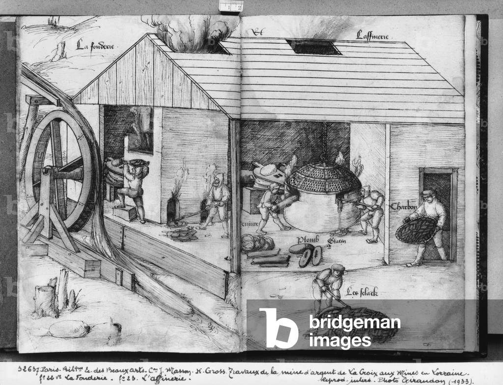 Silver mine of La Croix-aux-Mines, Lorraine, fol.22v and fol.23r, foundry and refining, c.1530 (pen & ink & w/c on paper) (b/w photo)