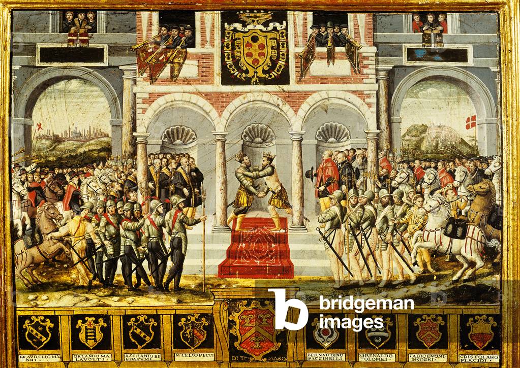 The Treaty of Cateau-Cambresis and the Embrace of Henri II (1519-59) of France and Philip II (1527-98) of Spain, 2nd-3rd April 1559 (oil on panel)