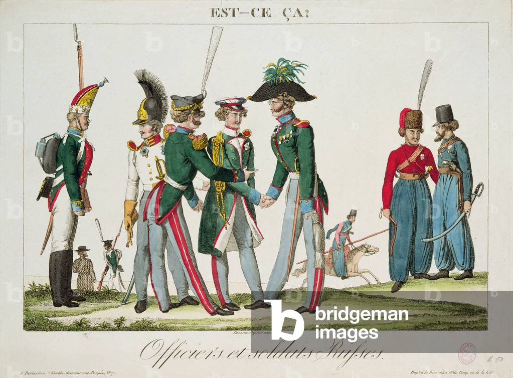 Russian officers and soldiers, 1815 (coloured engraving)