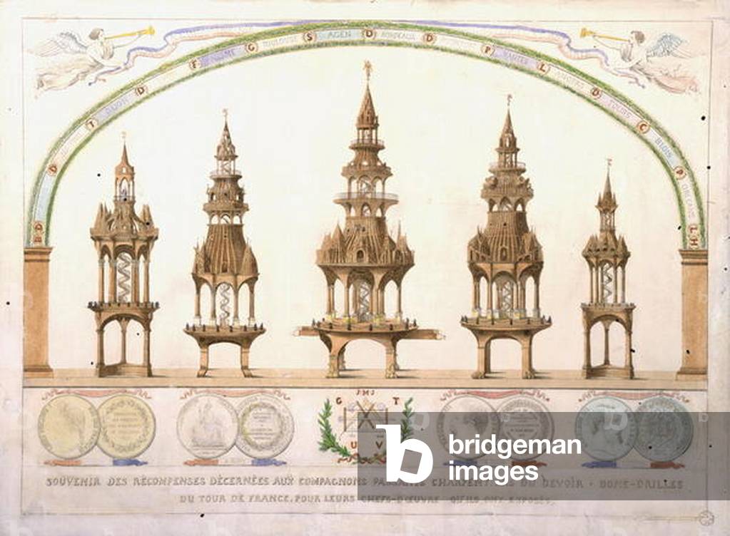 Souvenir of the awards given to the craftsmen during their Tour de France, 19th century (coloured engraving)