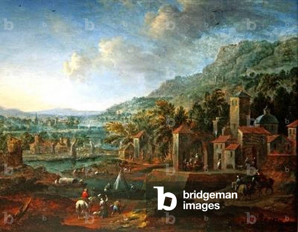 Landscape with horsemen (oil on canvas)