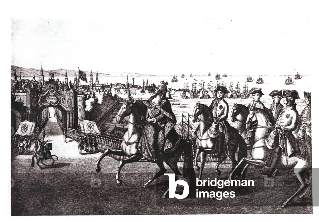 Catherine II (1729-96) the Great, riding into one of the ports in the Crimea captured from the Turks (engraving) (b/w photo)