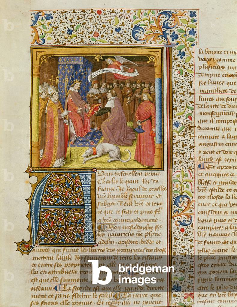 MS 246 f.1r Raoul de Presles Presenting his Translation to Charles V (1338-80) from 'La Cite de Dieu' by St. Augustine, translated by Raoul de Presles (1316-82) c.1400-50 (vellum)