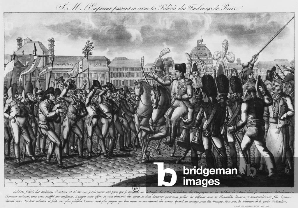 Napoleon I reviewing the Federes of the Parisian suburbs at the Tuileries, illustration from 'Le Moniteur', 16th May 1815 (engraving) (b/w photo)