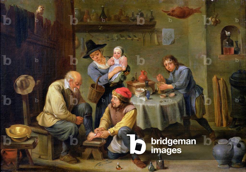 Chirurgo Tending il piede di un vecchio uomo (olio su tela)