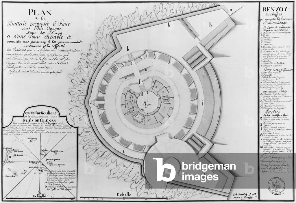Plan of the project of a battery on the Ile Cigogne and map pf the Glenan Isles, 1745 (pencil & watercolour on paper)