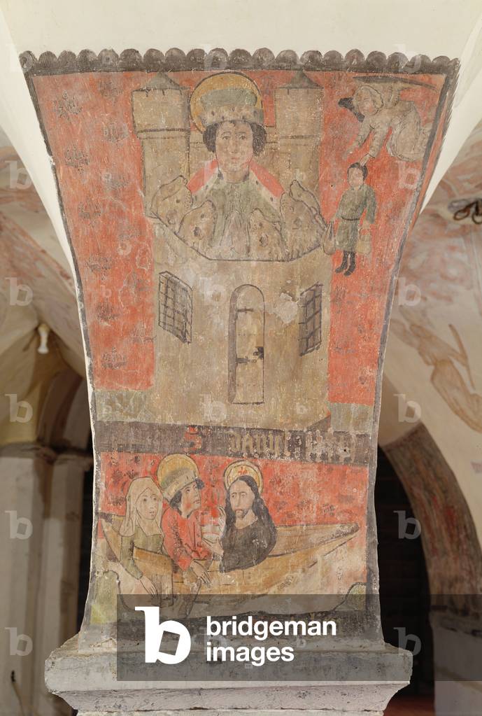 Daniel in the Lion's Den, featuring below St Julian, his wife and Jesus Christ, mural from the crypt, c.1480-1540 (fresco)