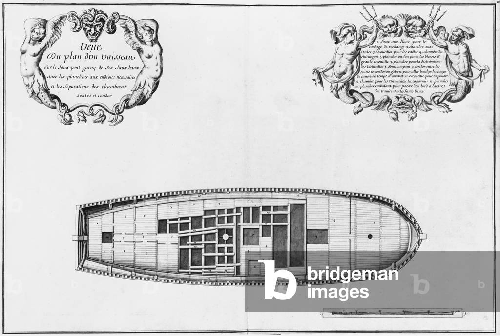 Plan of the false deck of a vessel, illustration from the 'Atlas de Colbert', plate 17 (pencil & watercolour on paper)