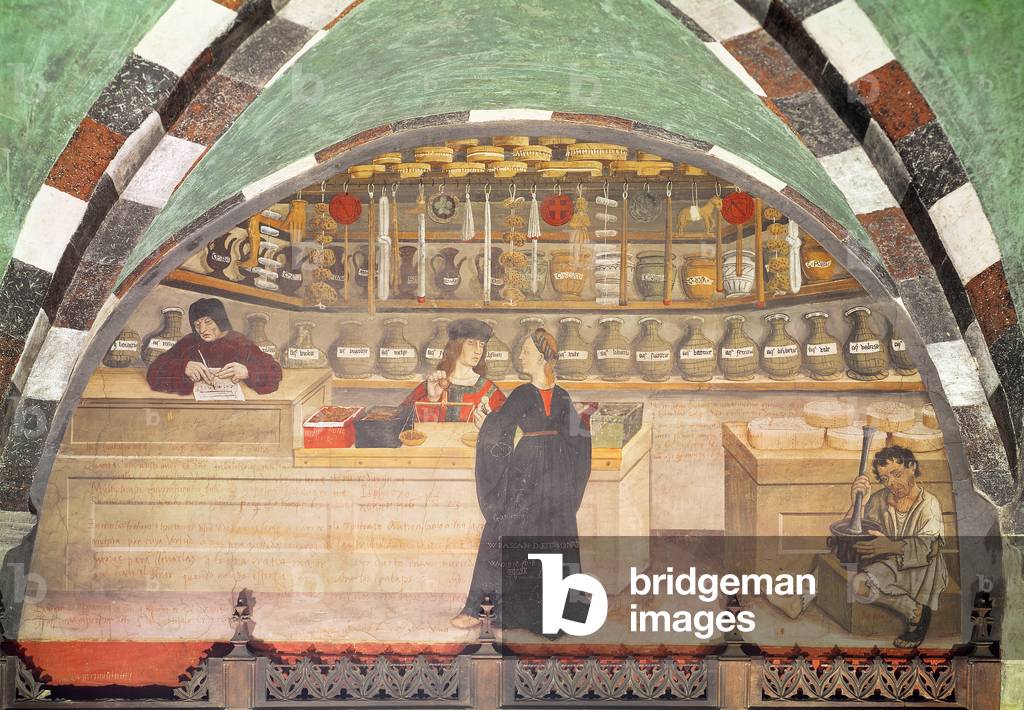 The Pharmacy, Anonymous painting, Val d'Aosta, Castello di Issogne, 15th century (fresco)