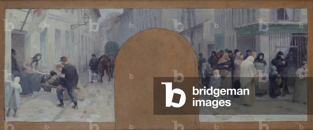 Transporting the injured to the ambulance and the queue in front of a shop, during the Siege of Paris in 1870, 1889 (oil on canvas)